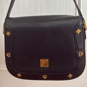 Vintage MCM Da Dona Black Leather Crossbody Bag Gold tone hardware